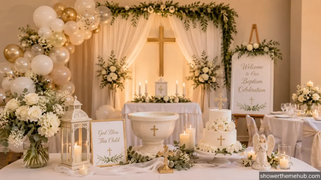 Baptism Decorations - elegant table centerpieces and balloon arch