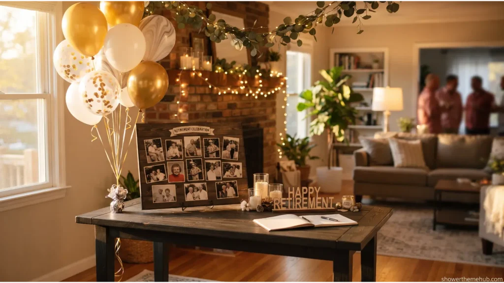 Retirement party decorations ideas with balloons, banners, and string lights