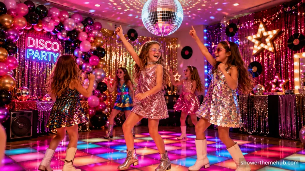 25+ disco theme party decorations with mirror ball and neon lights