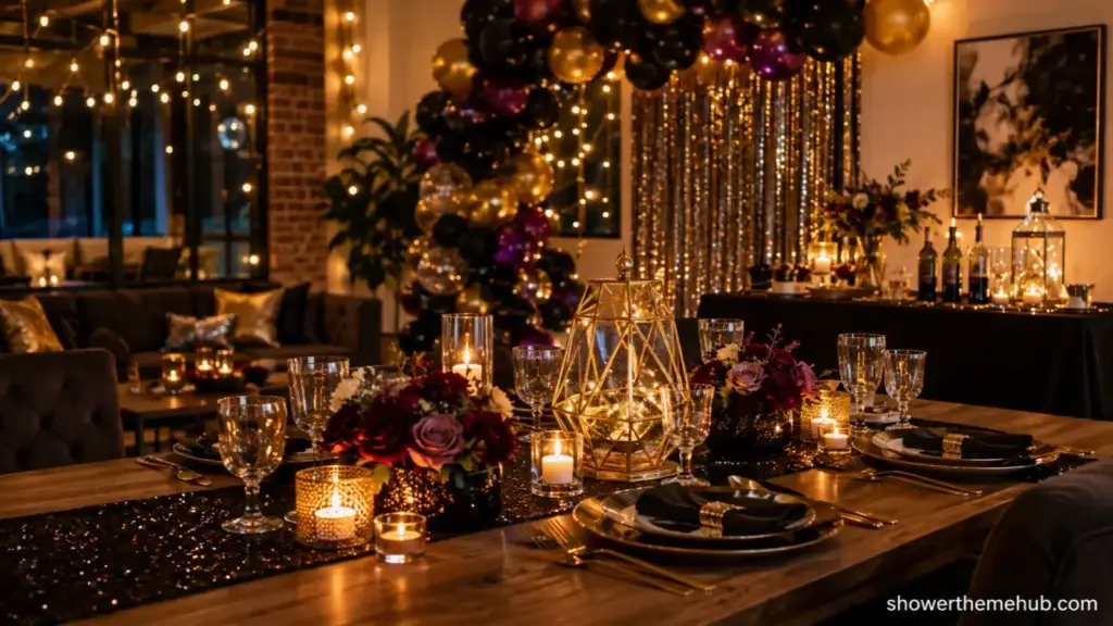 Elegant adult party decorations with gold accents and modern styling for a 2026 celebration