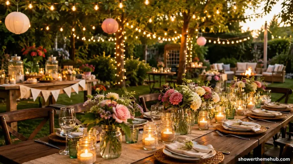 Backyard garden party decorations with string lights, floral centerpieces, and outdoor table setting