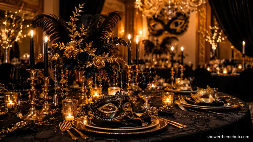 Elegant masquerade party decorations with gold masks, candlelit centerpieces, and black-and-gold table setting